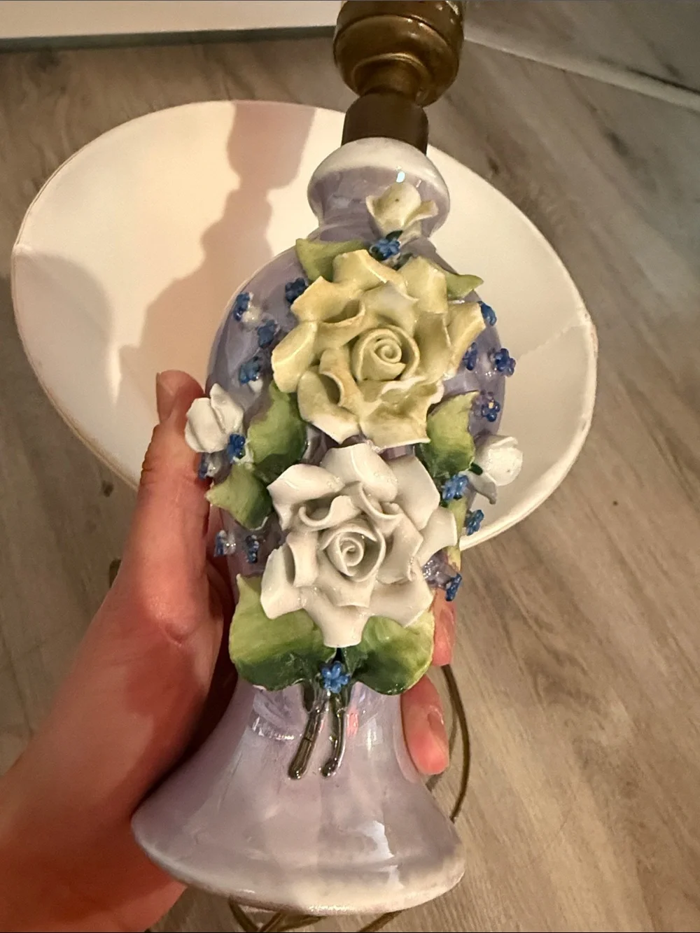 Vintage German Porcelain Floral Table Lamp Hand-Applied Roses Ivory Shade 💕